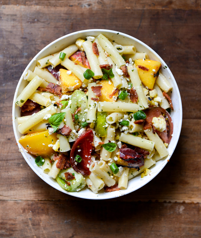Smoky Heirloom Tomato & Grilled Peach Pasta Salad